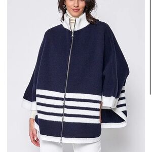 Zip-Front Navy & White Striped Women's Poncho Sweater
